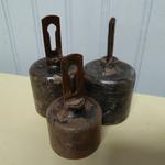 Vintage Metal Weights -Two measuring 3" including handle each weighing 1 kilo & One measuring 2 1/2" including handle weighing 500 grams