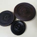 Antique Cast Iron Weights
Large - 3 3/4"  -  2lbs
Medium - 2 3/4" - 1lb
Small - 2 1/4" -  8oz