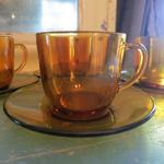 Set of 4 Warm Vintage French  Amber Coffee or Tea Cups with Saucers.  

