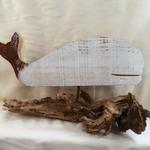 Whale cut-outs are made of 1" thick antique barn wood. The driftwood has been collected from our local Eastern Long Island Beaches and from the Virginia Chesapeake Bay area. The entire piece measures 24" w x 13" h.  Barn wood has been cut out as found - original paint barn wood. Fabulous  Driftwood