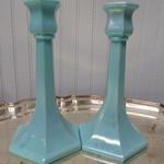 Vintage Aqua Iridescent Glass Candle Sticks- Stands 8 1/2" tall