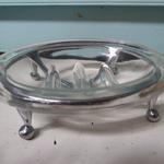 Mid Century Two Piece Glass & Chrome Oval, Footed Soap Dish Measures 6" across